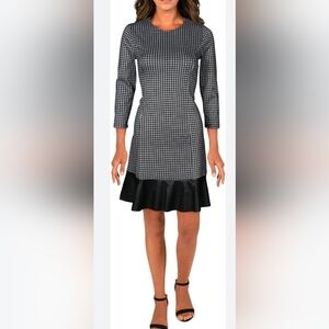 Michael Kors Black and White Houndstooth Long Sleeve Dress